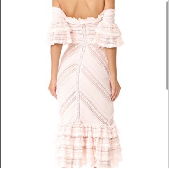 CINQ A SEPT Naya Ivory Lace off the shoulder Fitted Layered Ruffle Dress Size 10 - Picture 12 of 13